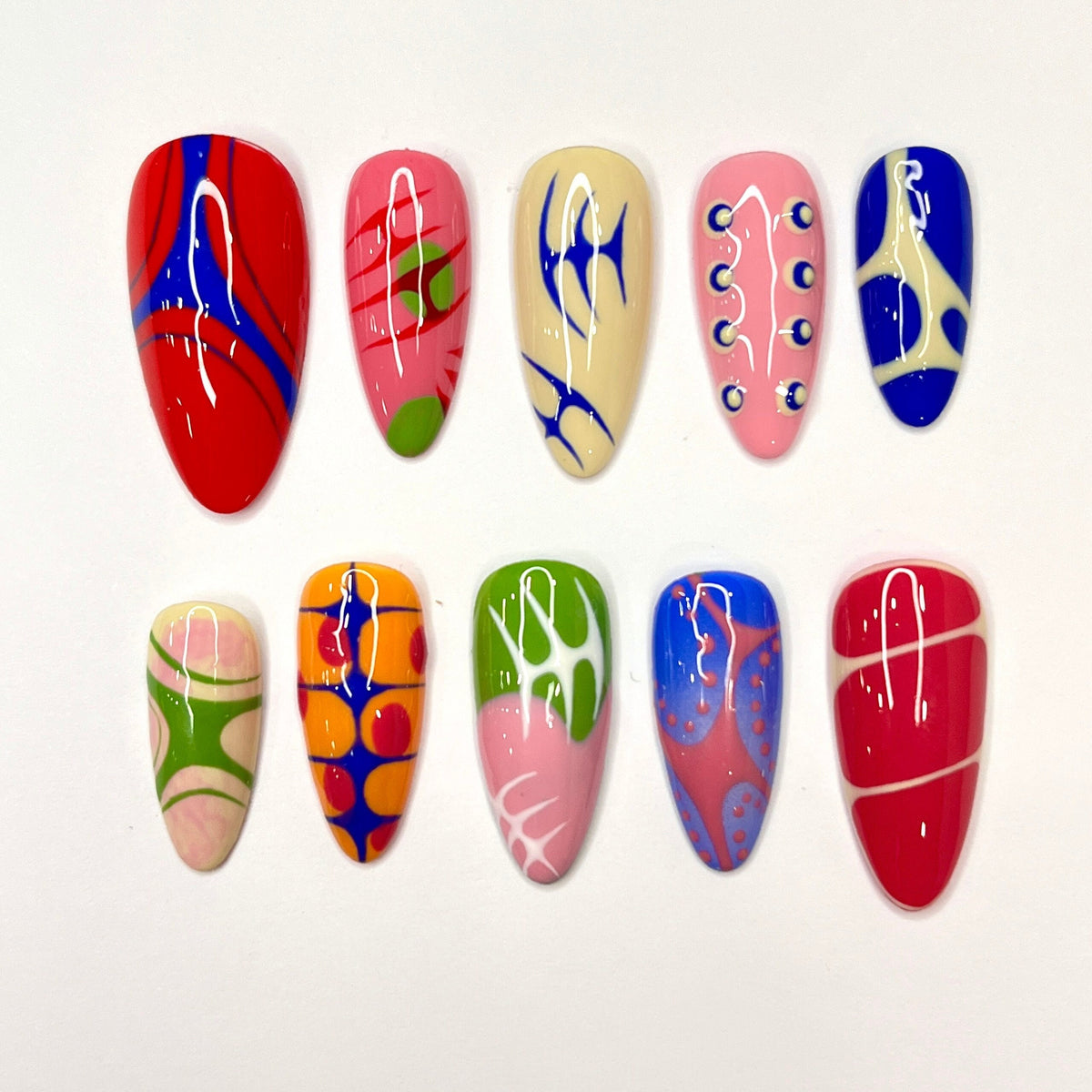 Glossy Multicolor Abstract Swirl and Stripe Nail Set