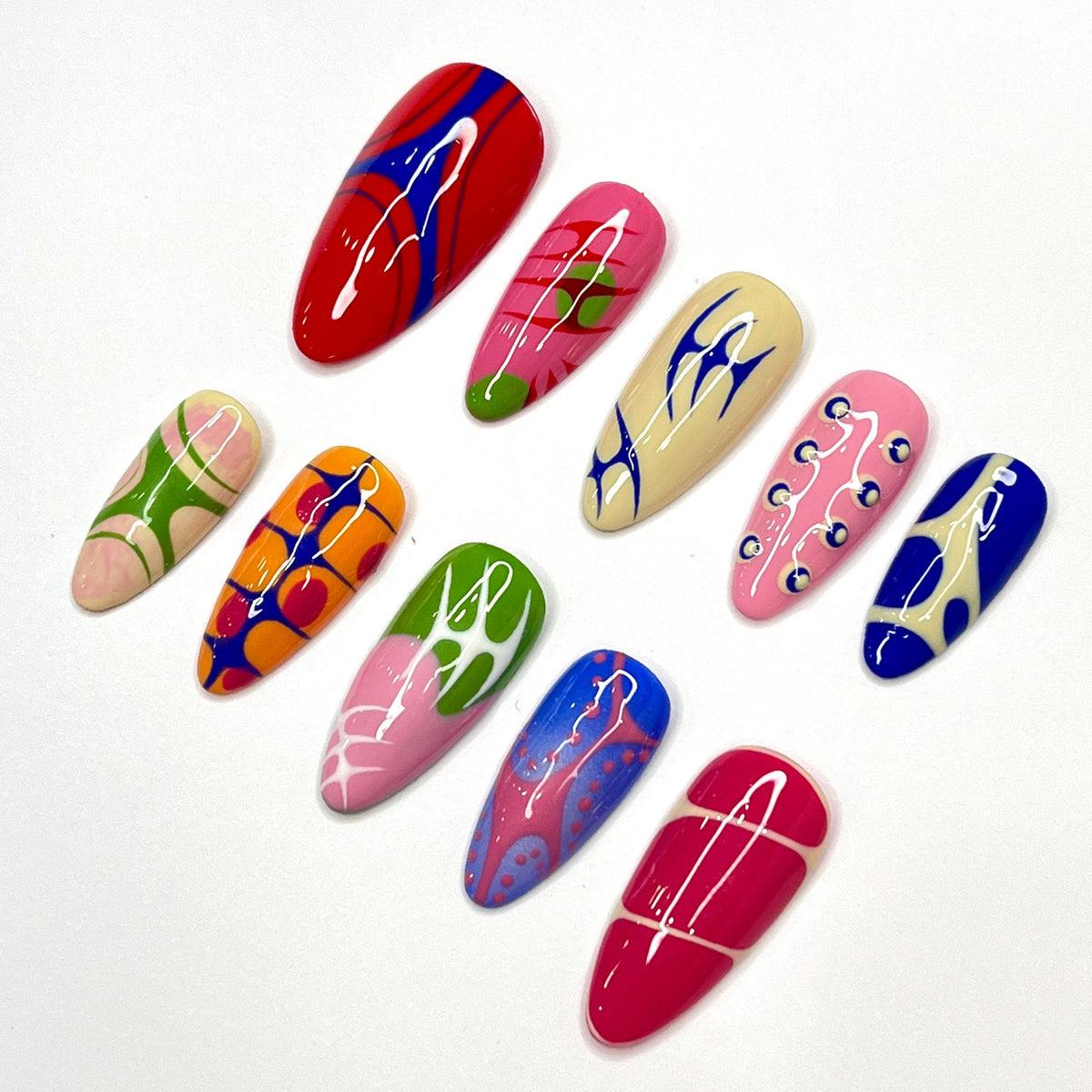 Glossy Multicolor Abstract Swirl and Stripe Nail Set