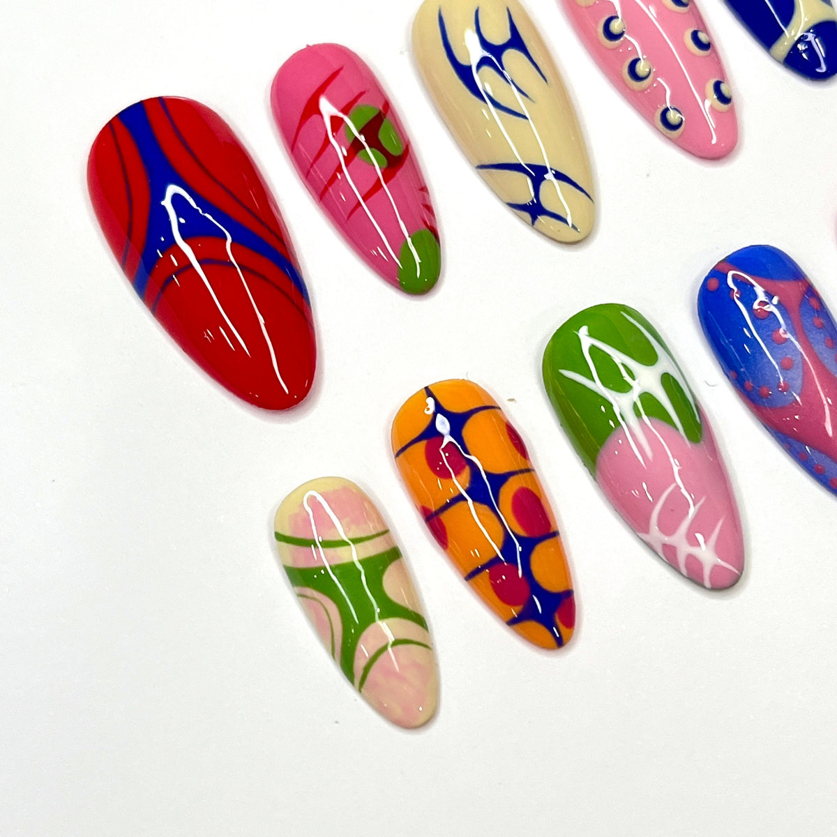 Glossy Multicolor Abstract Swirl and Stripe Nail Set