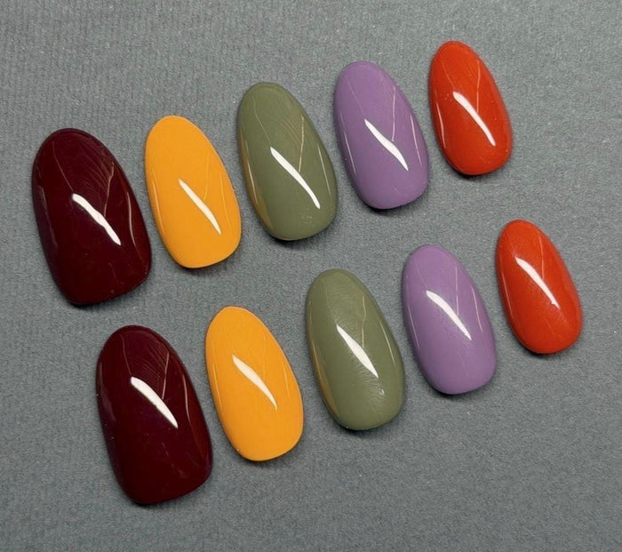 Glossy Multicolor Fall Press On Nails in Burgundy, Yellow, Sage, Purple and Orange
