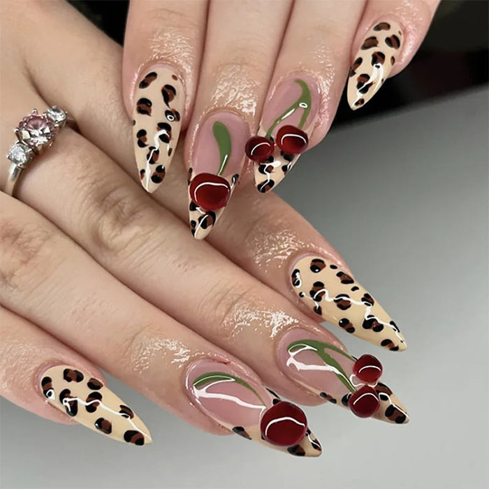 Glossy Nude Leopard Print and Cherry Accent Press On Nail Set