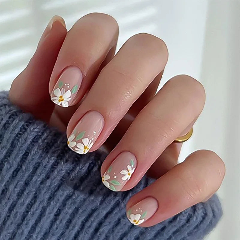 Glossy Nude Pink Daisy Press On Nails With Green Leaves