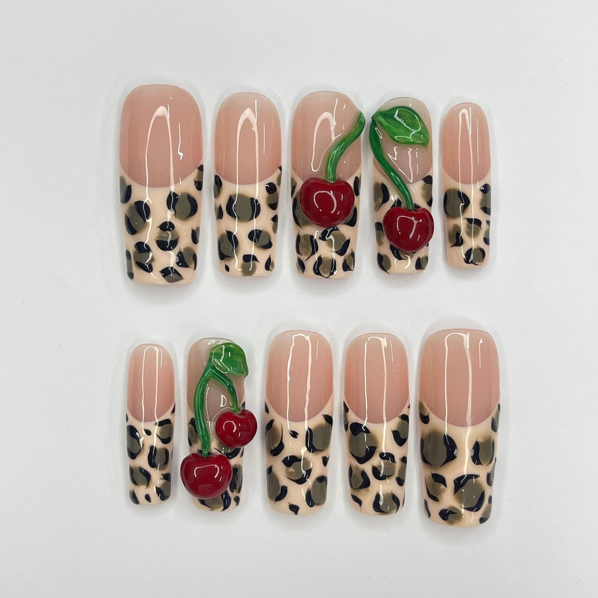 Glossy Nude Pink Leopard Print Cherry Nail Set