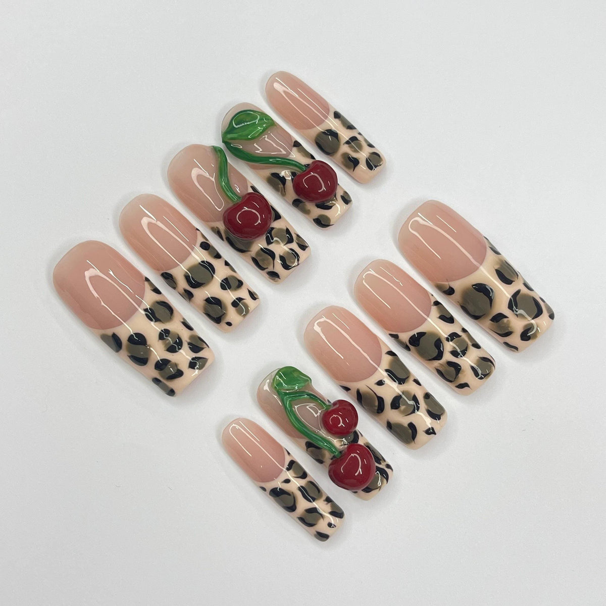 Glossy Nude Pink Leopard Print Cherry Nail Set