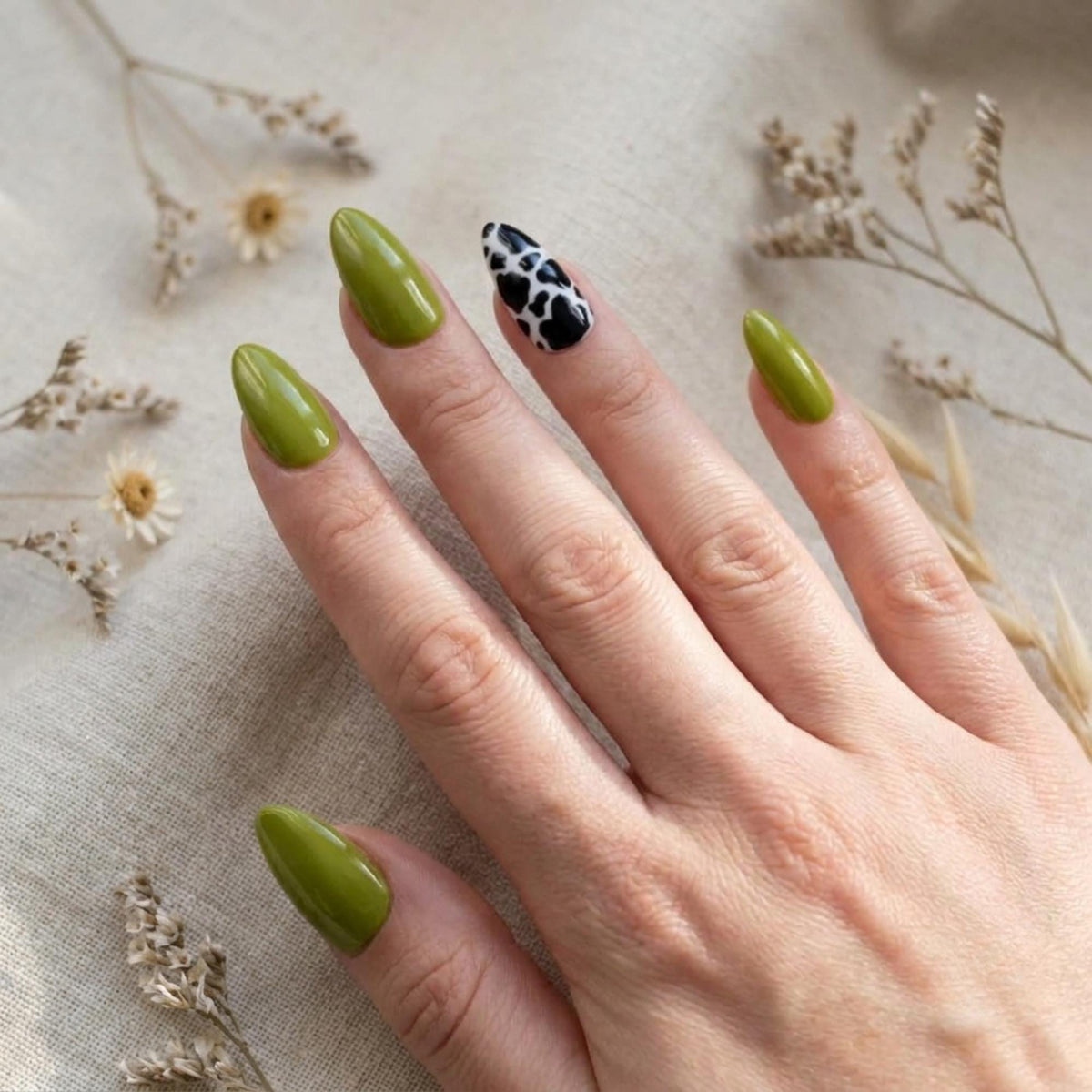 Glossy Olive Green and Black-and-White Cow Print Nail Set