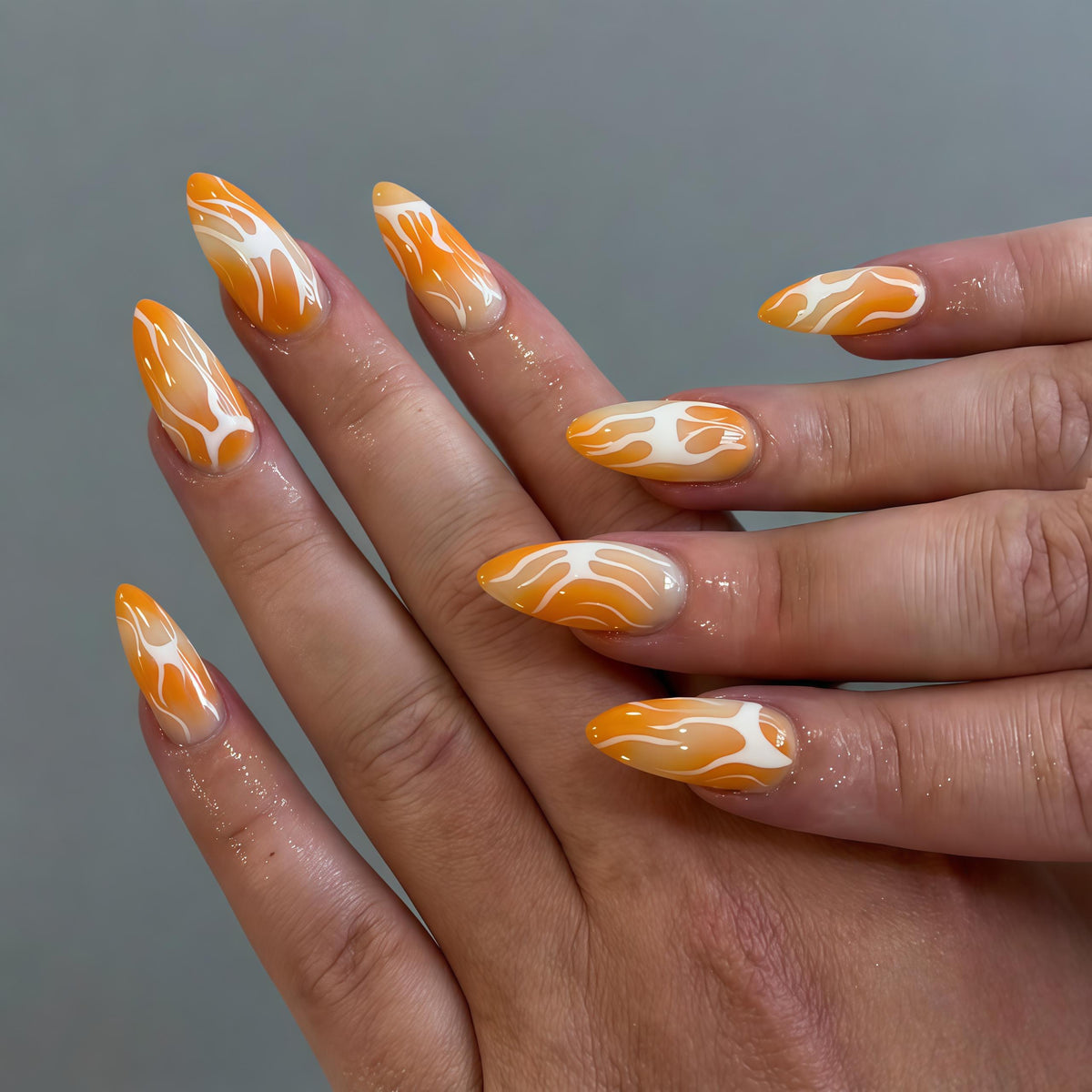 Glossy Orange and White Flame Swirl Press-On Nails