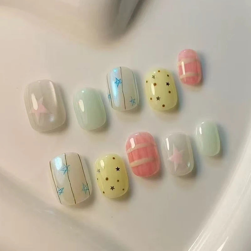 Glossy Pastel Star, Dot and Stripe Press On Nails