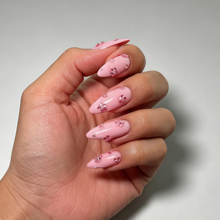 Glossy Pink Cherry Blossom Rhinestone Press On Nail Set