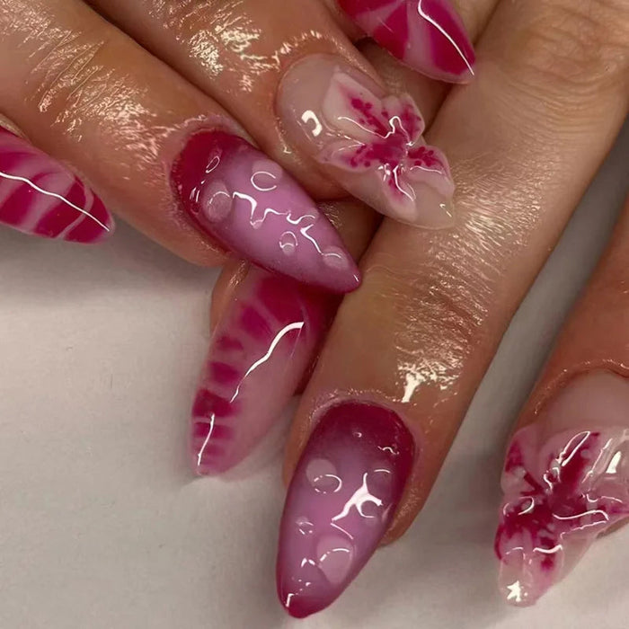 Glossy Pink Marble Press On Nails With 3D Floral Details