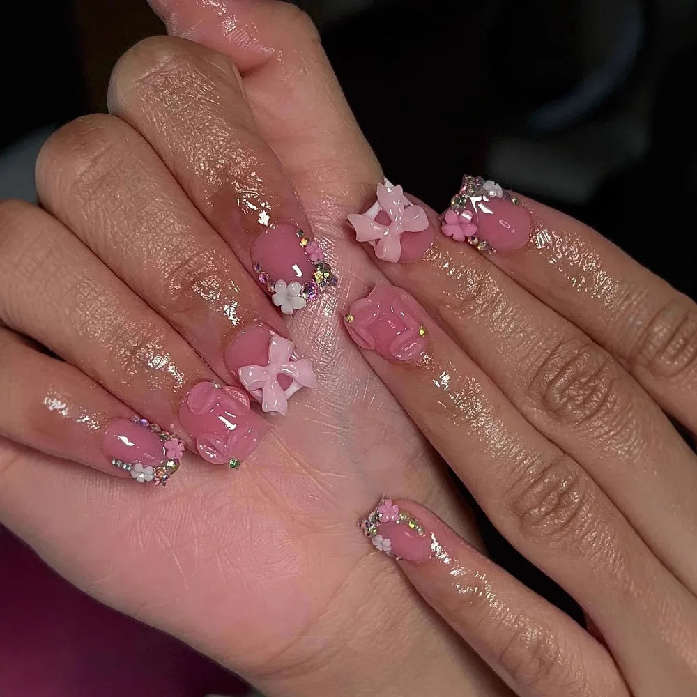 Glossy Pink Nail Set With 3D Bows, Rose and Rhinestones