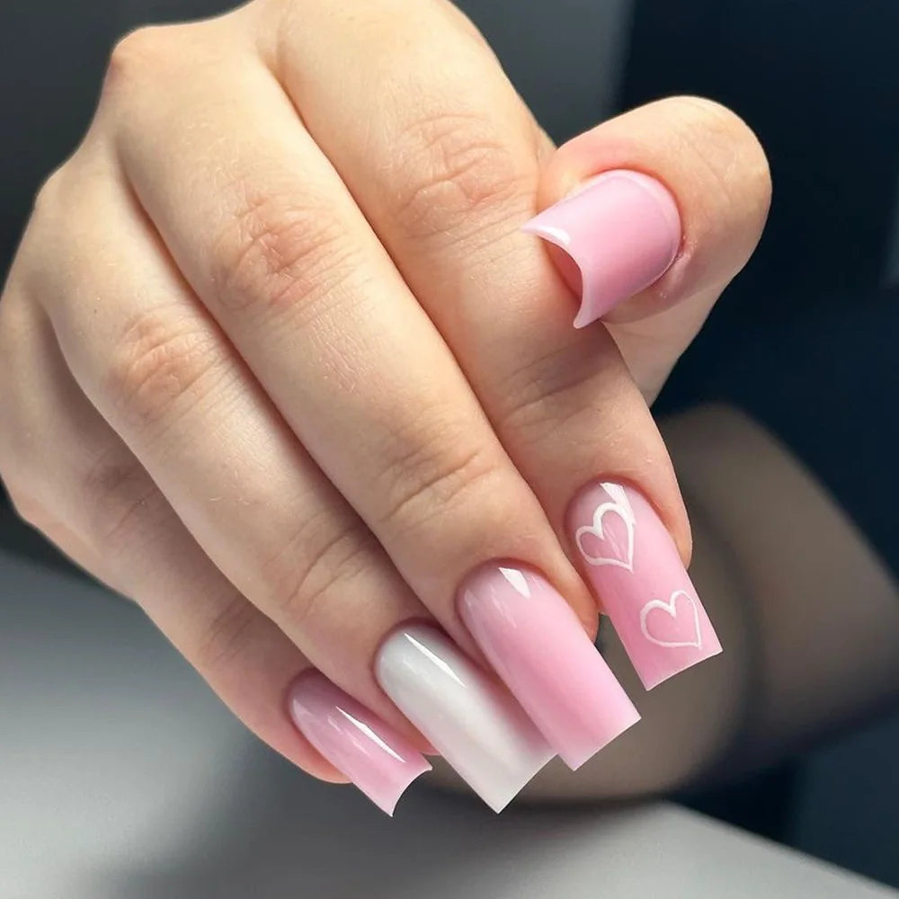 Glossy Pink Press On Nails with White Outlined Hearts
