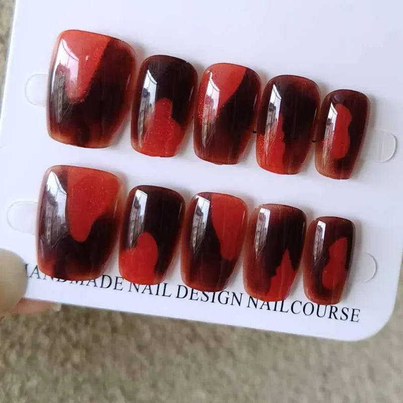 Glossy Red and Amber Flame Press On Nails