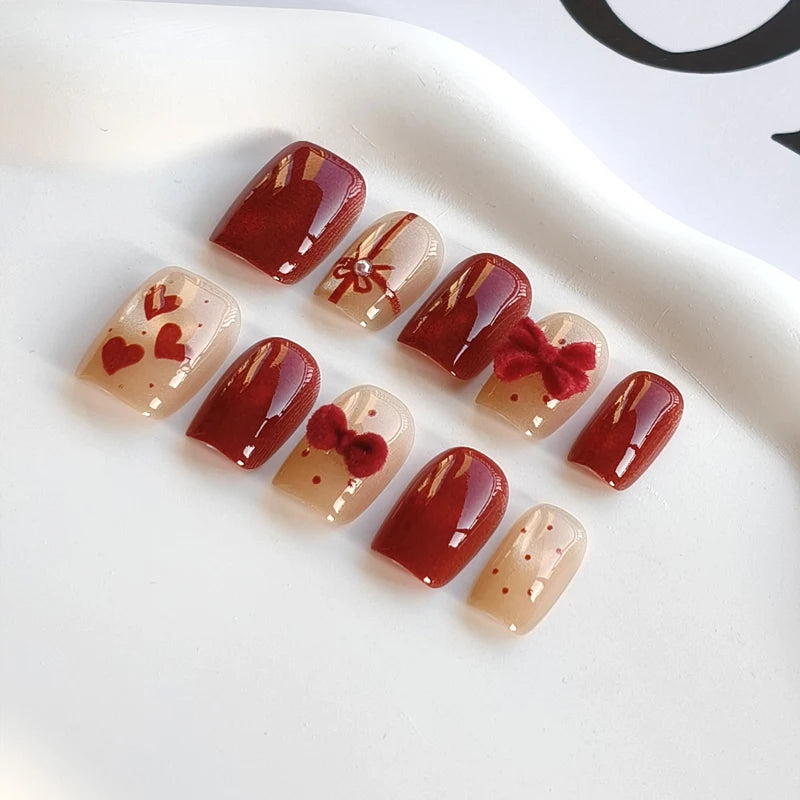 Glossy Red and Nude Heart Bow Press On Nails with Rhinestone Detail