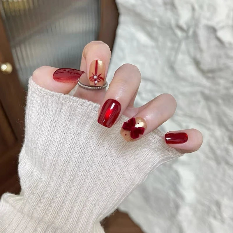 Glossy Red and Nude Heart Bow Press On Nails with Rhinestone Detail