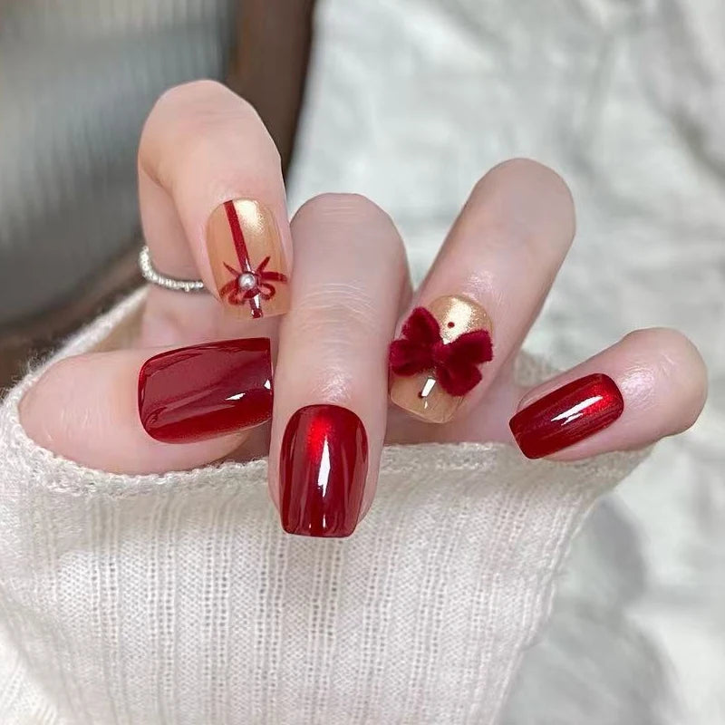Glossy Red and Nude Heart Bow Press On Nails with Rhinestone Detail