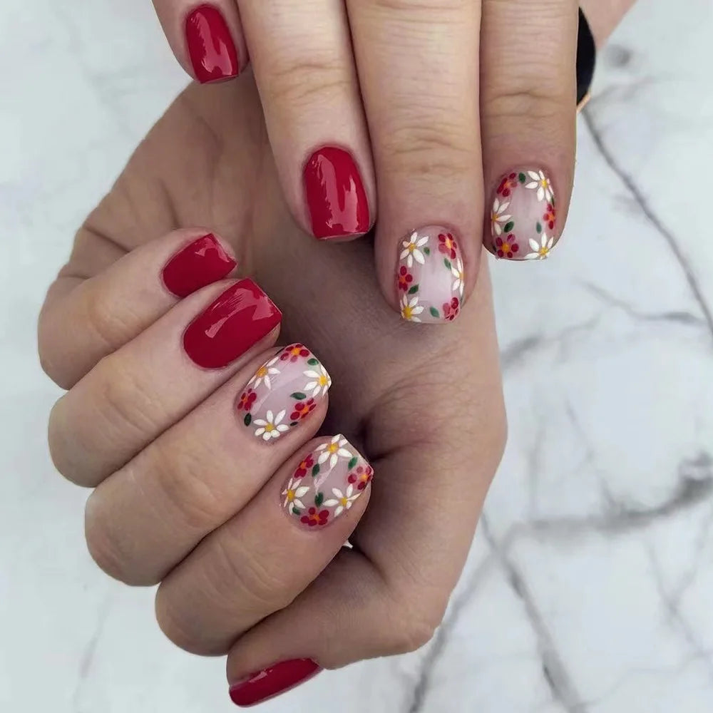 Glossy Red and Sheer Nude Floral Accent Nail Set