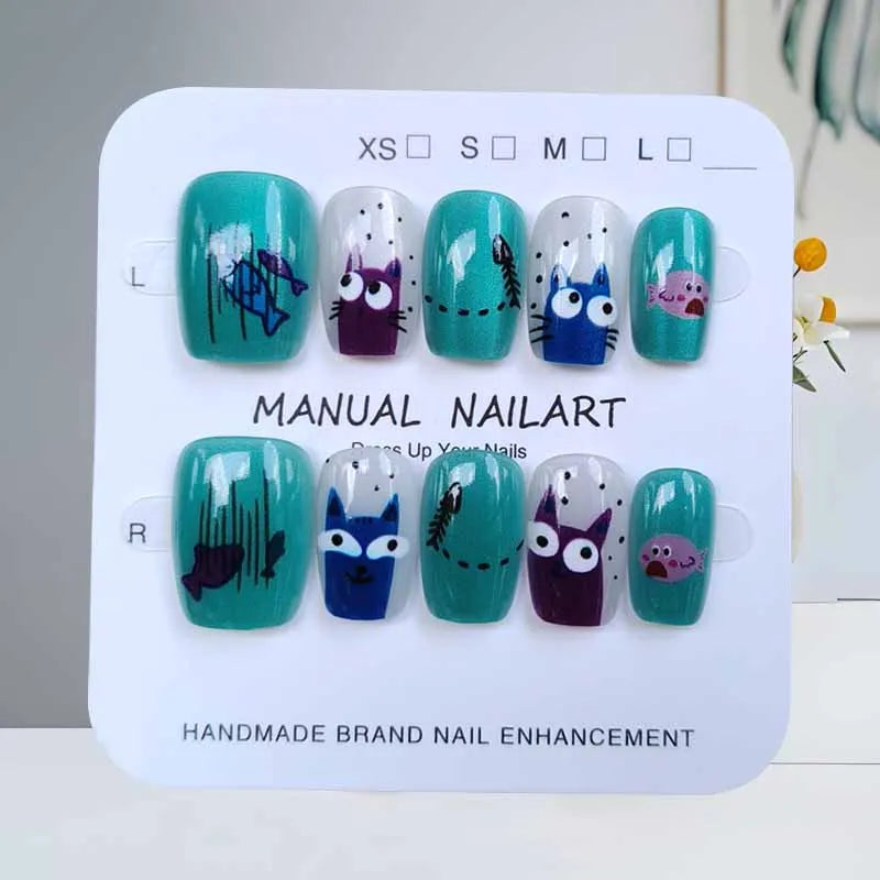 Glossy Teal Cat and Fish Nail Set