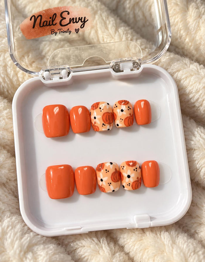 Glossy Terracotta Pumpkin Floral Press On Nail Set
