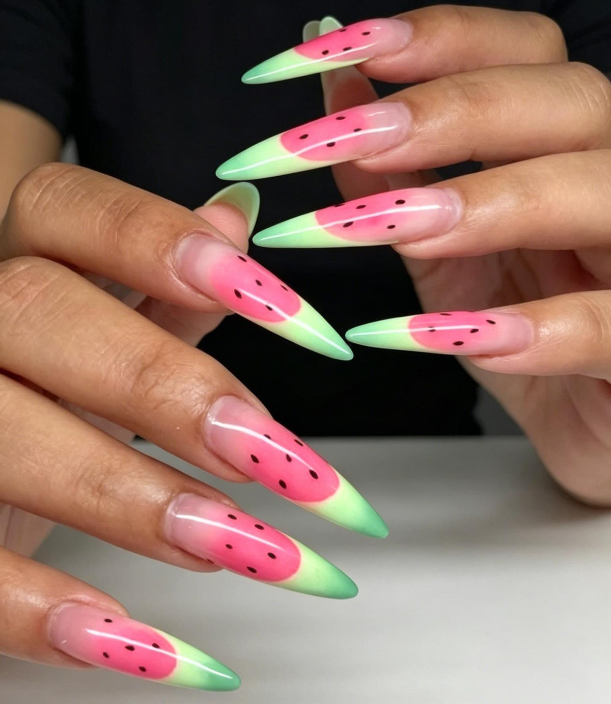 Glossy Watermelon Gradient Press On Nails With Pink Fruit Motifs and Green Tips