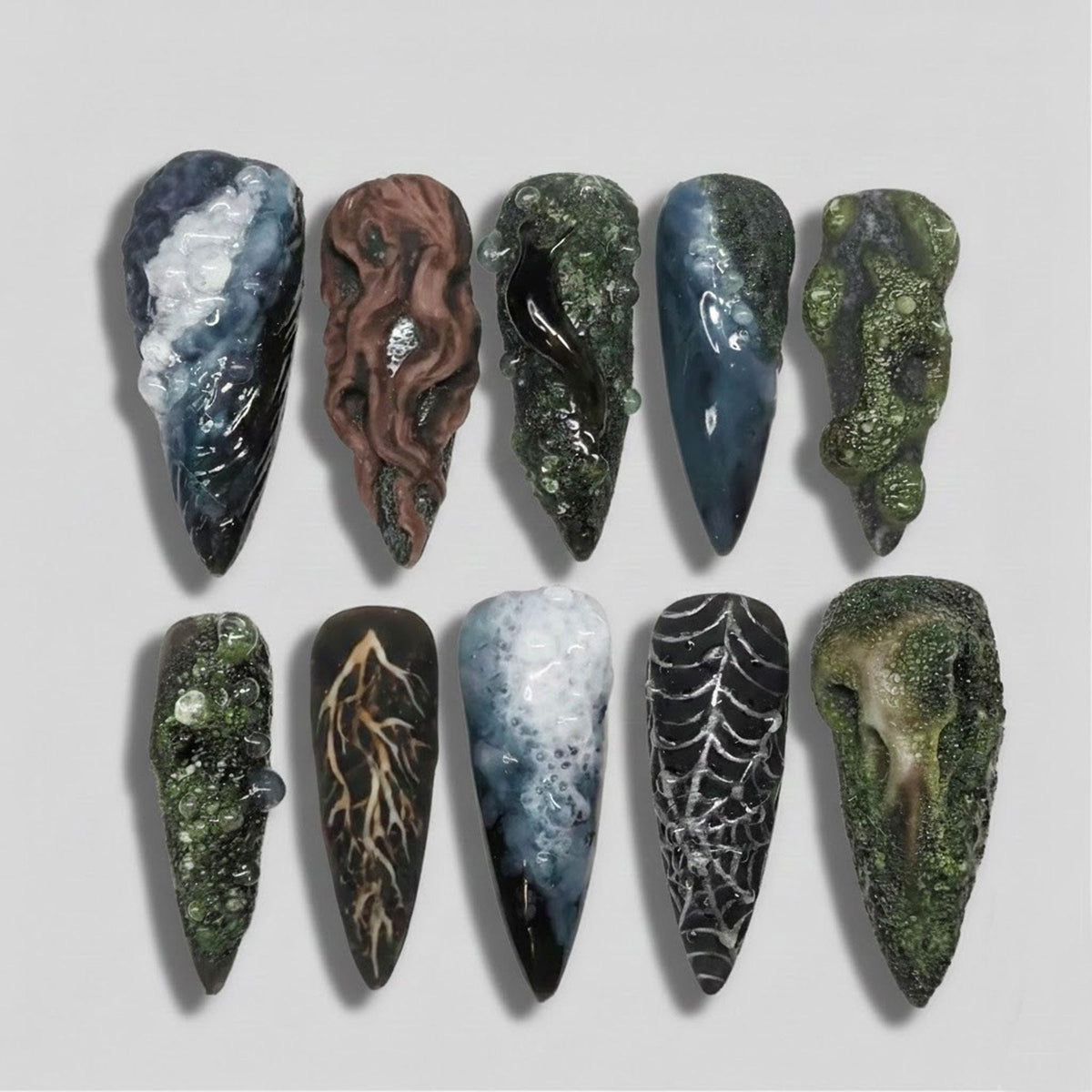 Goblincore Forest Floor Nails With Moss Textures, Slug Detail & Silver Web