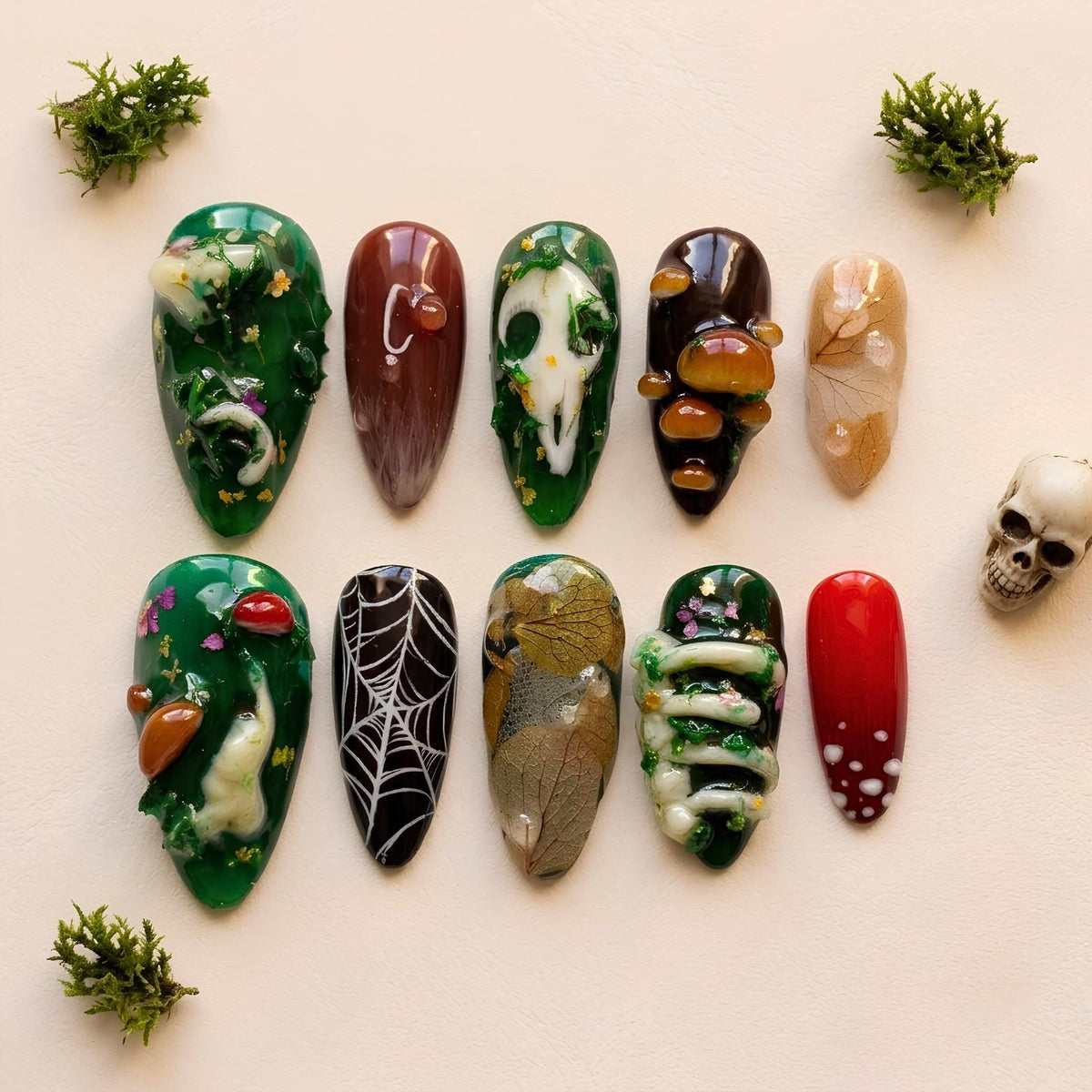 Goblincore Mushroom and Skull Halloween Woodland Press On Nails