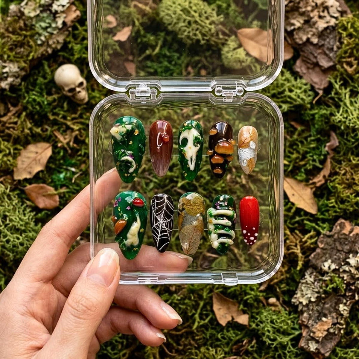 Goblincore Mushroom and Skull Halloween Woodland Press On Nails