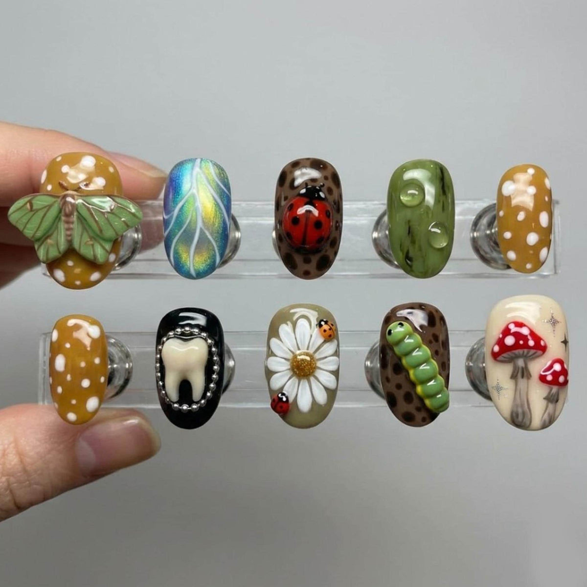 Goblincore Mushroom, Bug, and Tooth Nail Set with 3D Nature Details