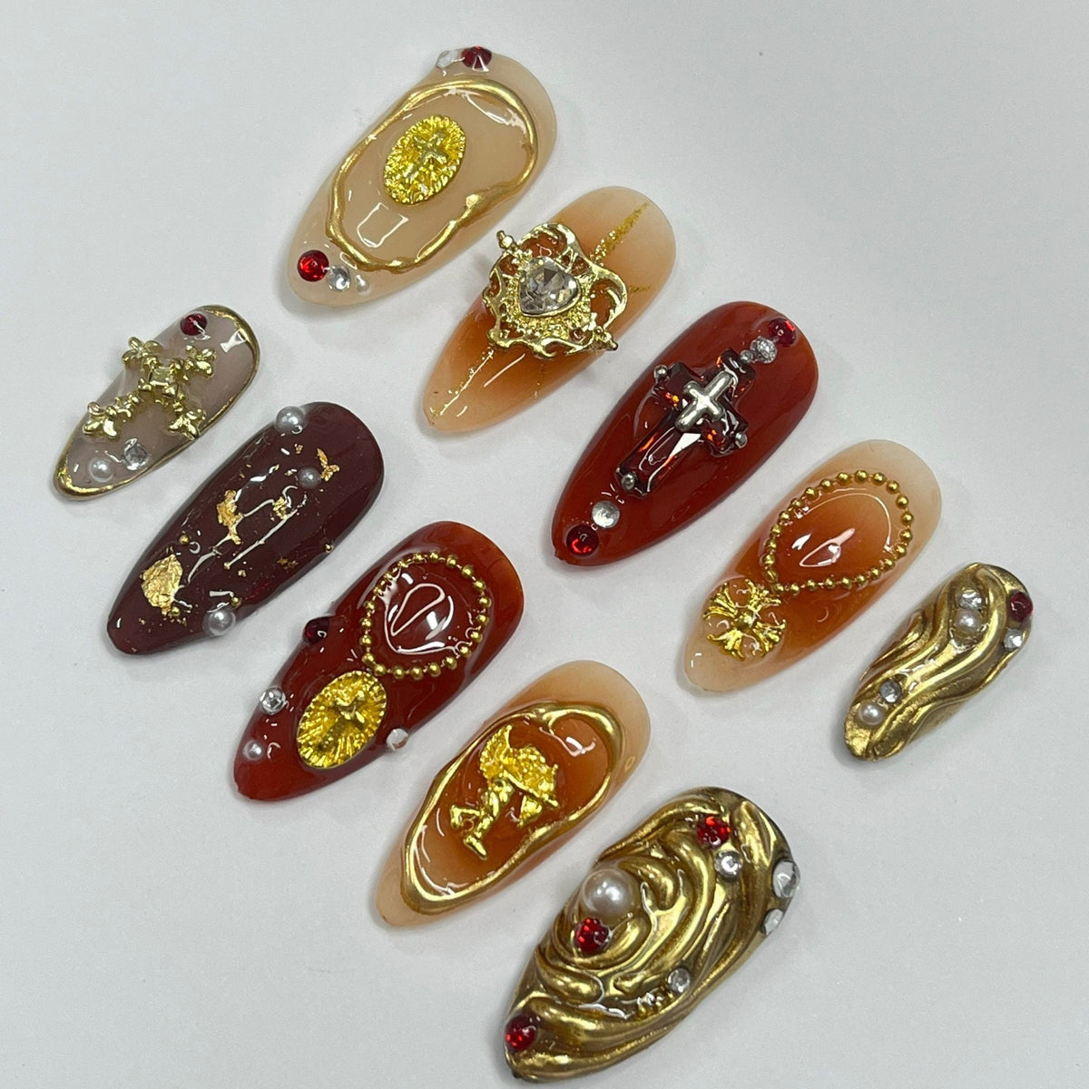 Gold Chrome Baroque Press-On Nail Set With Rhinestones and 3D Medallions