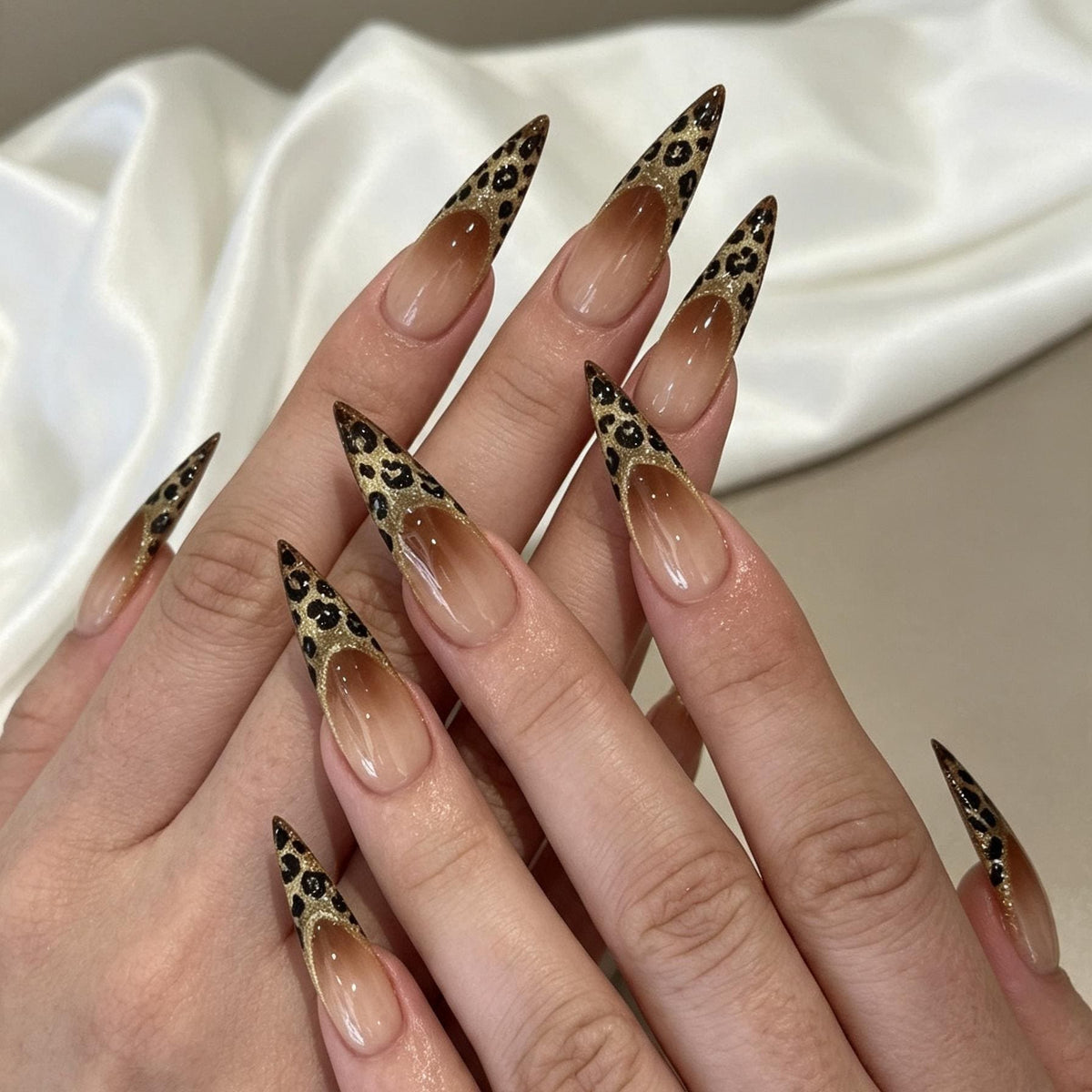 Gold Glitter Leopard French Tip Press On Nails With Glossy Nude-Brown Bases