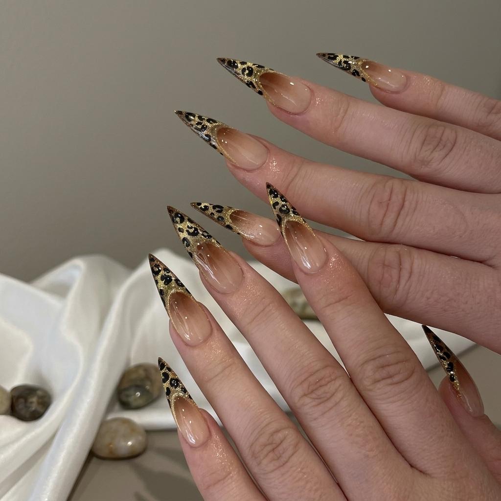Gold Glitter Leopard French Tip Press On Nails With Glossy Nude-Brown Bases