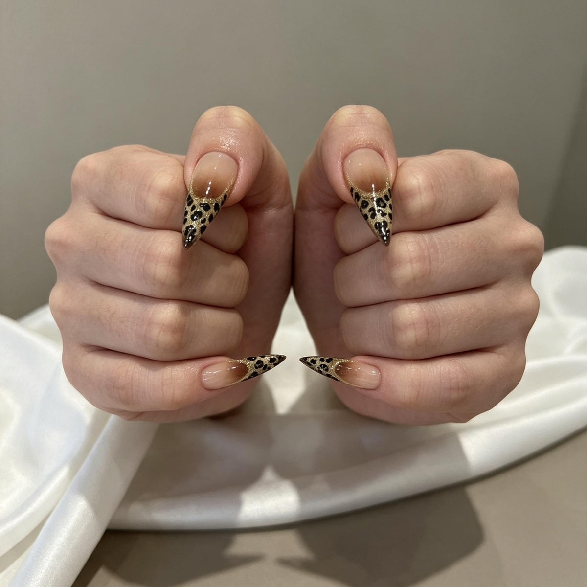 Gold Glitter Leopard French Tip Press On Nails With Glossy Nude-Brown Bases