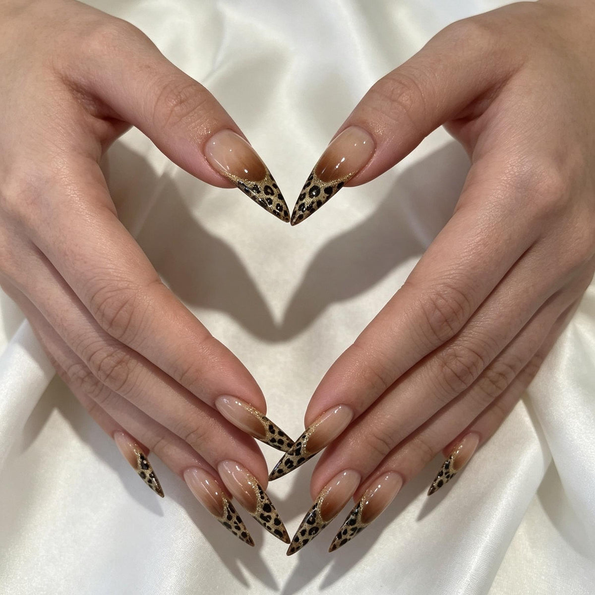 Gold Glitter Leopard French Tip Press On Nails With Glossy Nude-Brown Bases