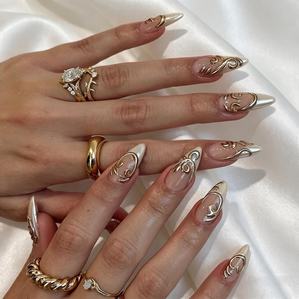 Gold Metallic Swirl Bridal Press On Nails with Pearly Nude-Ivory Base