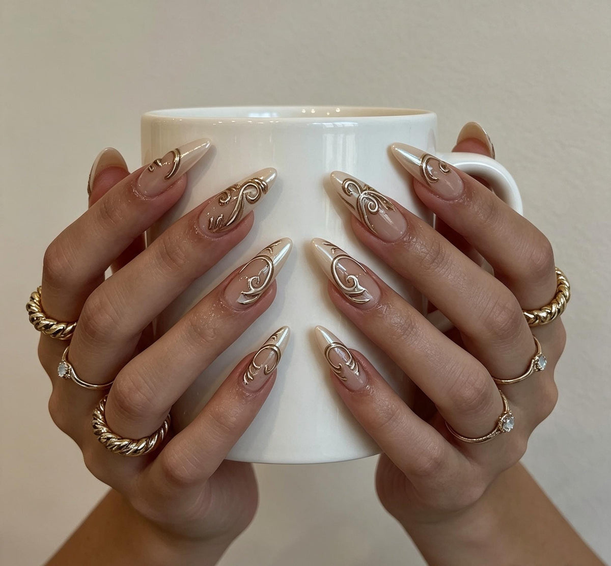 Gold Metallic Swirl Bridal Press On Nails with Pearly Nude-Ivory Base