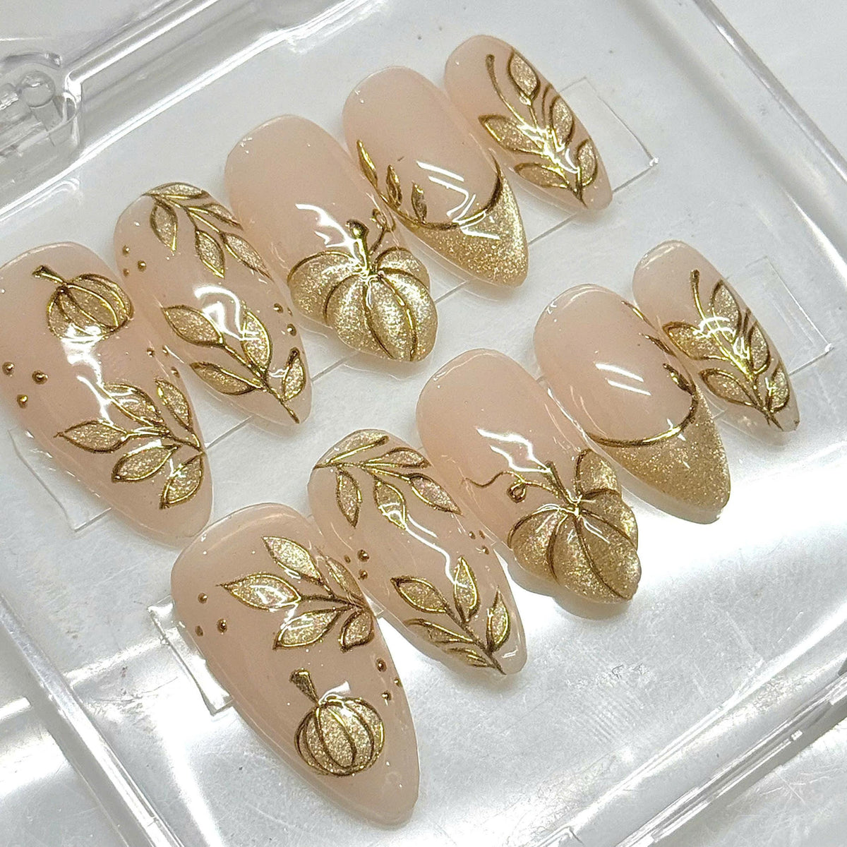 Gold Pumpkin and Botanical French Tip Press On Nails