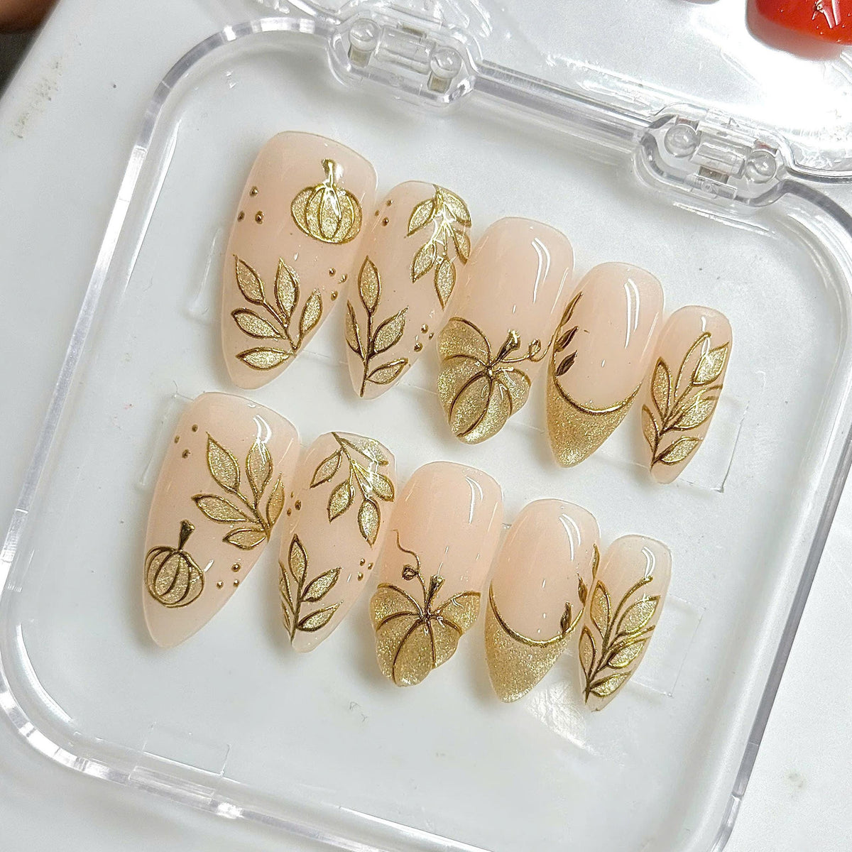 Gold Pumpkin and Botanical French Tip Press On Nails