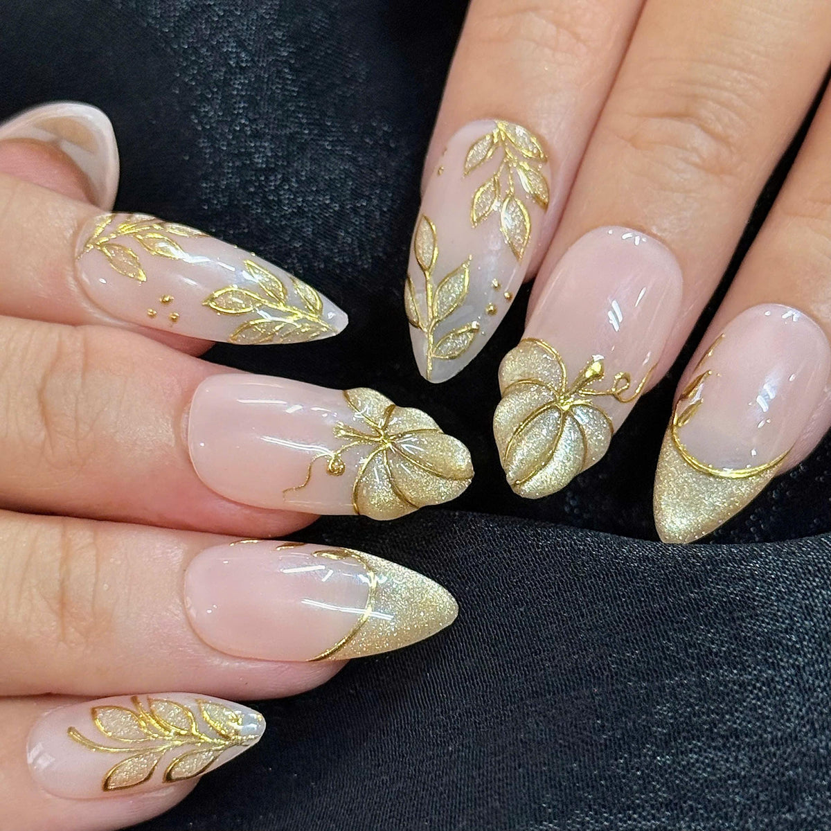 Gold Pumpkin and Botanical French Tip Press On Nails