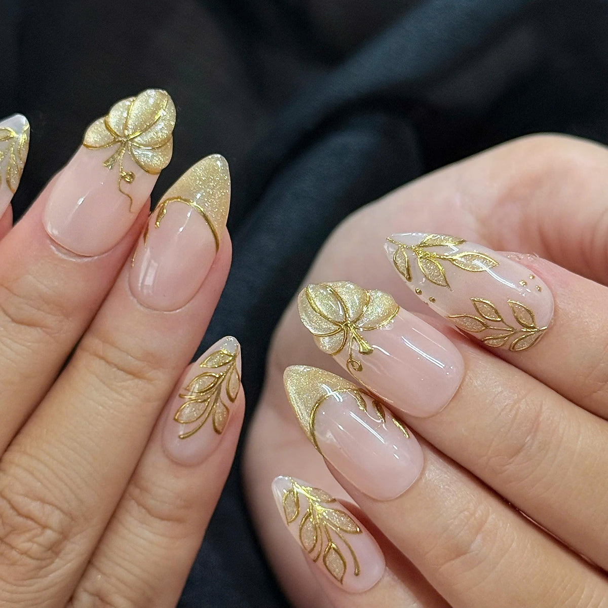 Gold Pumpkin and Botanical French Tip Press On Nails