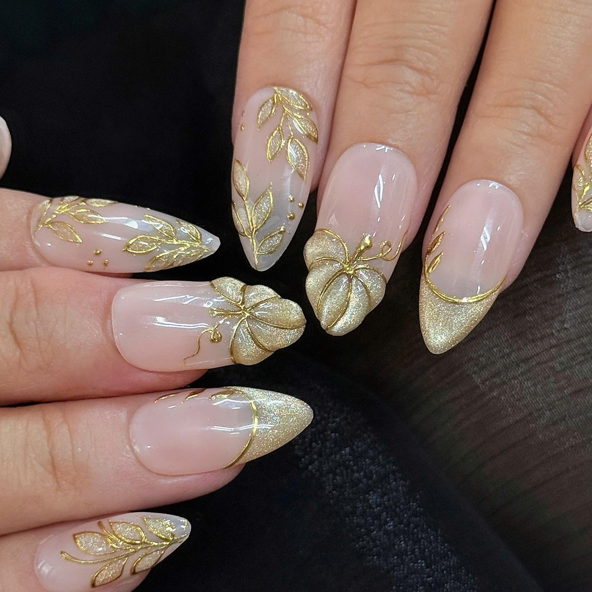 Gold Pumpkin and Botanical French Tip Press On Nails