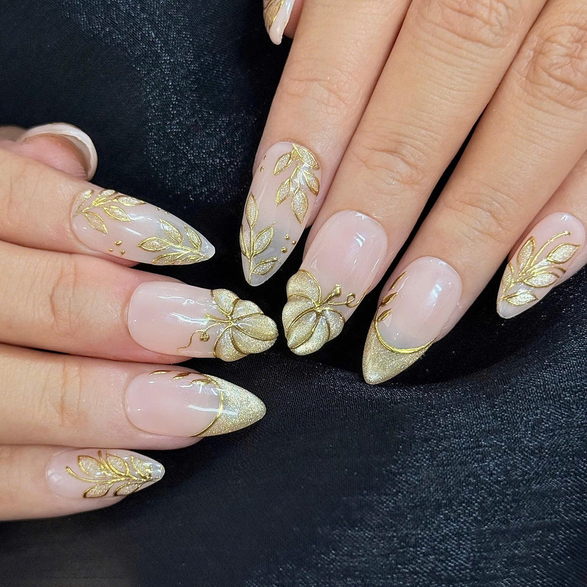 Gold Pumpkin and Botanical French Tip Press On Nails