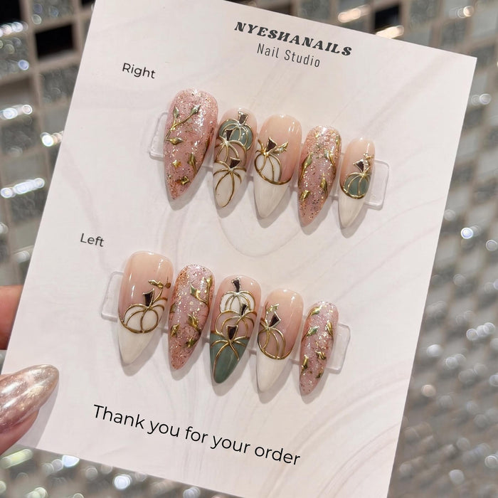 Gold Pumpkin Vine Press On Nails in Nude Pink, White, Sage & Glitter