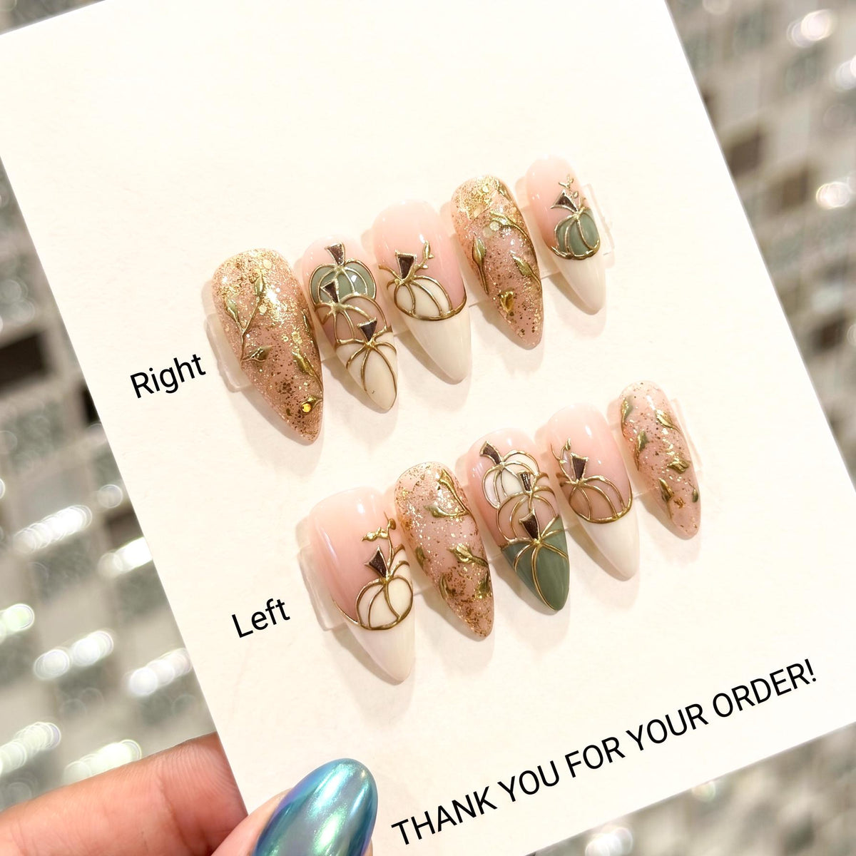 Gold Pumpkin Vine Press On Nails in Nude Pink, White, Sage & Glitter
