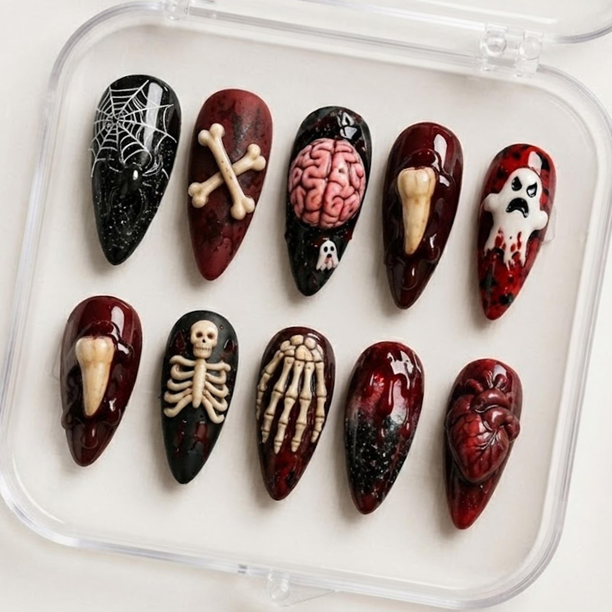 Gory Halloween Press On Nails With 3D Bones, Skeletons, and Anatomical Details