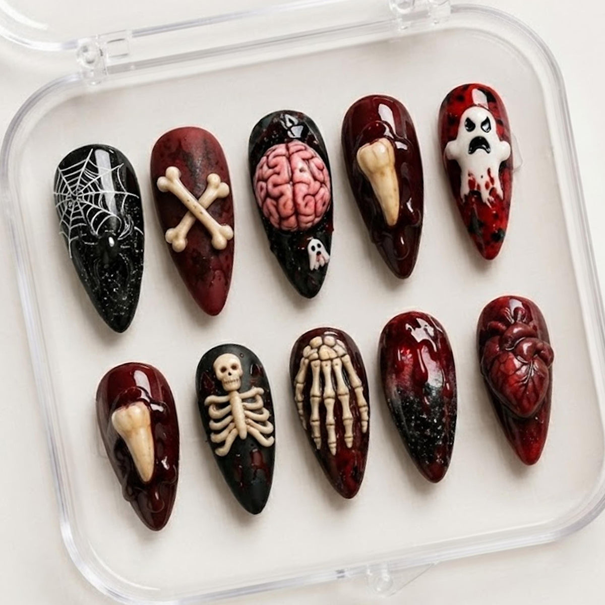 Gory Halloween Press On Nails With 3D Bones, Skeletons, and Anatomical Details