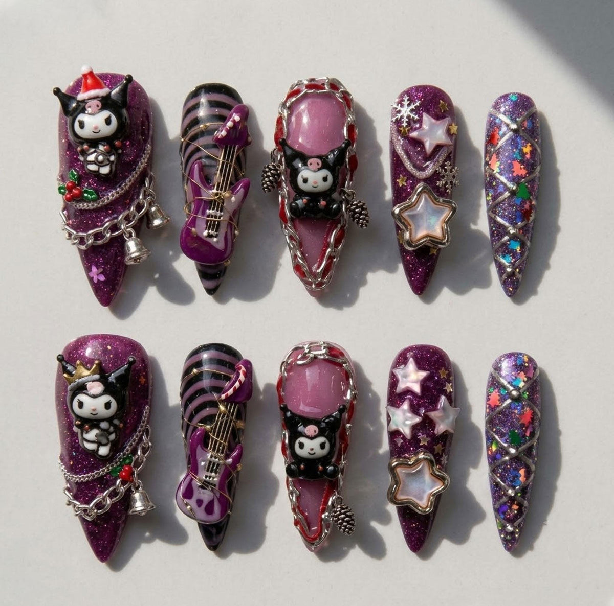 Goth Bunny Christmas Press-On Nails With Purple Guitars, Silver Chains and Stars
