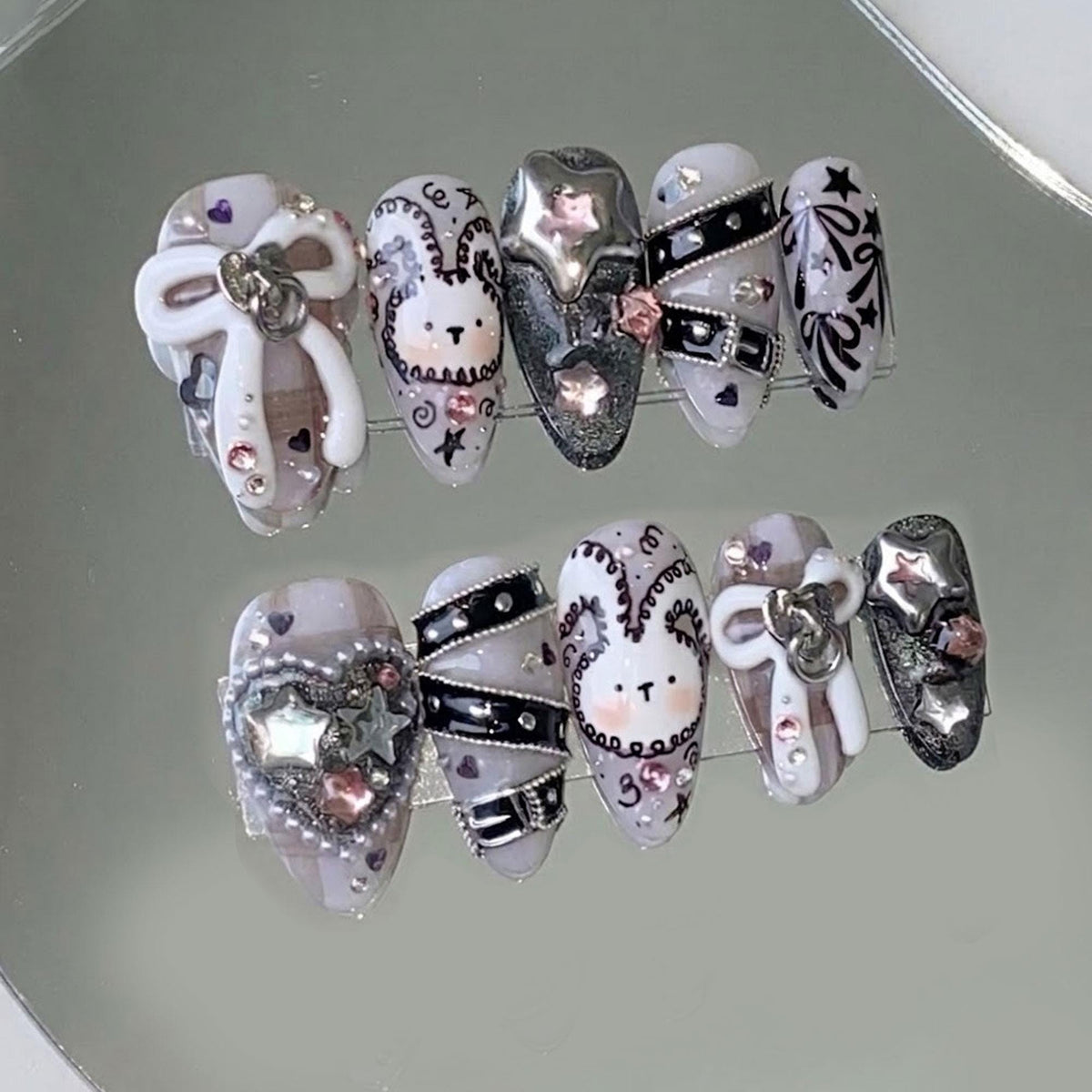 Goth Bunny Nails with 3D Bows, Rhinestones, and Black Scrollwork
