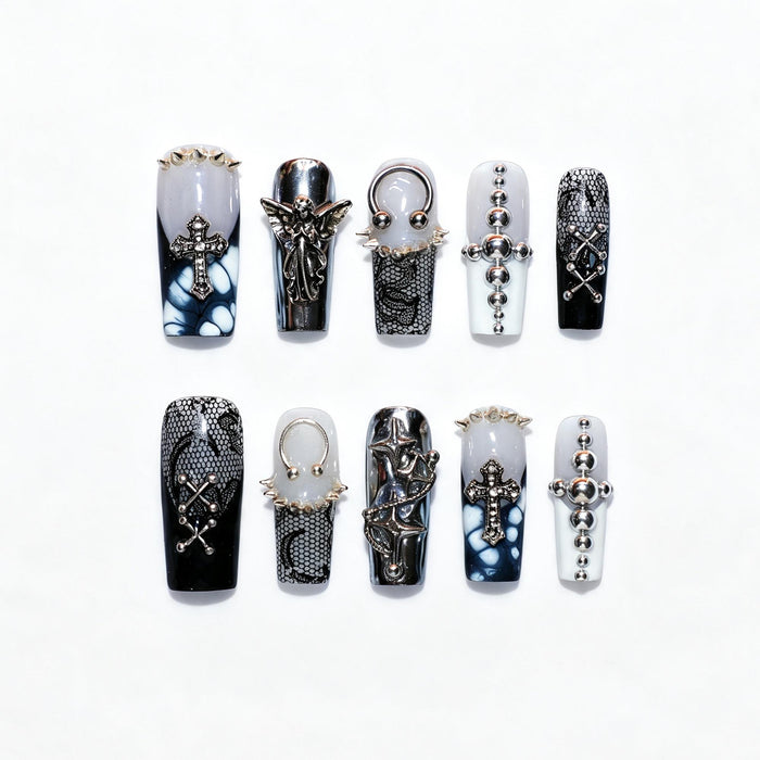 Goth-Punk Press On Nails With Smoke Marble, Black Lace, Silver Crosses and 3D Angel Details
