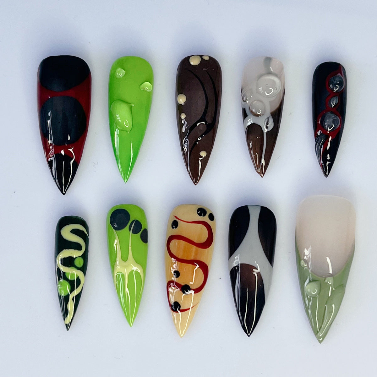 Gothic Abstract Swirl Press On Nails in Black, Lime Green, Brown, and Neutral Tones