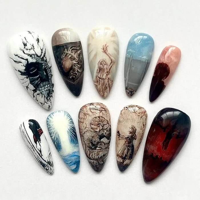 Gothic Anatomical Ink-Wash Art Press On Nails in Black, Blue, Beige and Wine Red