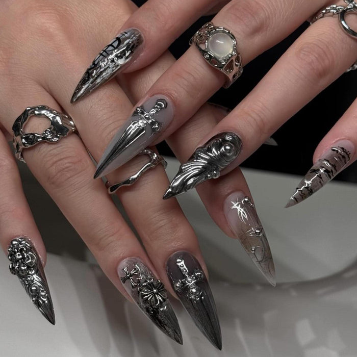 Gothic Armor Press On Nails With Sculptural Silver Ornaments